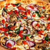 Greek Spinach Pizza · Feta cheese, red onions, tomato, mushrooms, spinach, white sauce, and mozzarella cheese.
