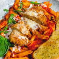 Chicken Parmigiana Pasta · Chicken breast lightly breaded and topped with our marinara sauce and melted mozzarella over...