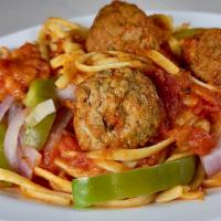 Pasta with Meatballs · Your choice of spaghetti or penne pasta, bell peppers, red onions, and mushrooms in a tradit...