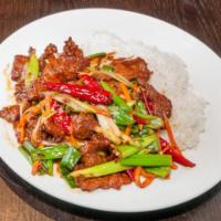 Mongolian Beef over Rice · Spicy.