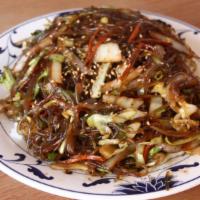 Jap Chae Bap with Beef | 잡채밥 · Stir fried clear yam noodles with beef and vegetables over steamed rice.
