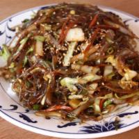 Jap Chae Bap with Chicken | 잡채밥 · Stir fried clear yam noodles with chicken and vegetables over steamed rice.