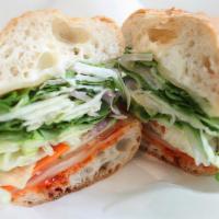 Veggie Sandwich · Vegetarian. Veggie sandwich with lettuce, tomatoes, pickles, onions, mayo, and dijon mustard...