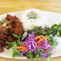 BBQ Rice Plate · With rice, organic salad, broccoli, and sautéed potatoes.