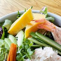 Kawaii Salad · Imitation crab, avocado, tamago, cucumber, cooked shrimp and organic greens.