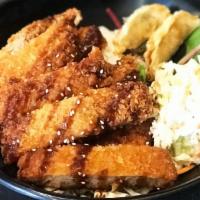 Tonkatsu Plate · Pork cutlet with rice, organic greens and two vegetable gyoza