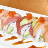 Rainbow  · CA roll with assorted fish on top