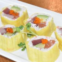 Ninja(No rice)   · Tuna, salmon, hamachi, imitation crab and avocado  in soy paper