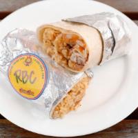 Vegan RBC Burrito · Vegan garlic adobo rice, beans and vegan cheese burrito.