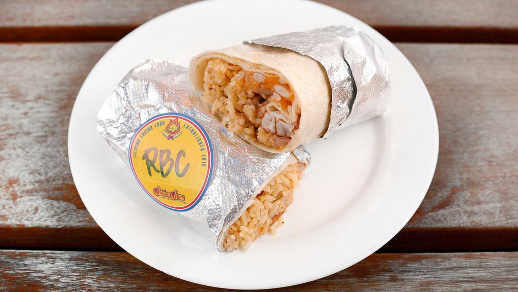 Vegan RBC Burrito · Vegan garlic adobo rice, beans and vegan cheese burrito.