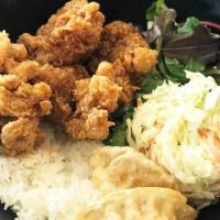 Chicken Plate · Fried Chicken(Boneless Chicken), Rice, Cole Slaw and Veggie Potsticker(2pcs)
