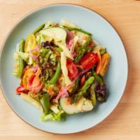 Dear Summer Salad · Cherry Tomatoes, Green Beans, Asparagus, Cucumber, Carrots, Almonds, & Red Lettuce with Gree...
