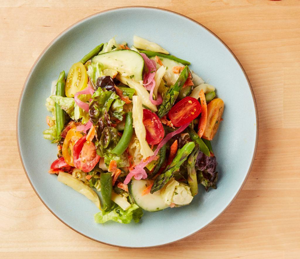 Dear Summer Salad · Cherry Tomatoes, Green Beans, Asparagus, Cucumber, Carrots, Almonds, & Red Lettuce with Green Goddess Dressing