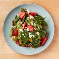 Strawberry Spinach Salad · Local Strawberries & Stone Fruit, Spinach, Avocado, Feta, Almonds, & Red Onions with Balsami...