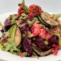 Feel the Beet Bowl · Beets, apples, sweet potatoes, pepitas mixed greens, and spiced quinoa with a lime cilantro ...