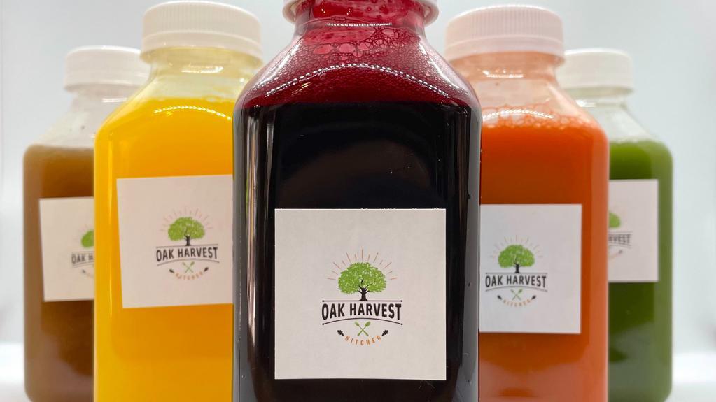 Pressed Juice · Seasonal, rotating flavors fresh pressed at Oak Harvest Kitchen.