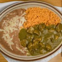 Chile Verde · Chunks of pork sautéed in green chiles and simmered. Choice of flour or corn tortillas