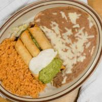 Flautas · 3 Crispy corn fried tortillas filled with your choice of Shredded Chicken or Shredded Beef. ...