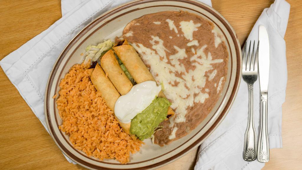 Flautas · 3 Crispy corn fried tortillas filled with your choice of Shredded Chicken or Shredded Beef. Topped with Sour Cream and Guacamole