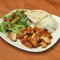 Chicken Gyros Plate · Slow cooked, thinly sliced, and marinated chicken.