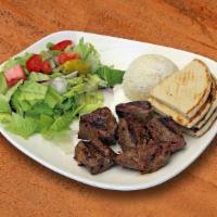 Beef Kebab Plate · Grilled marinated beef cubes. Please note that hummus is not included with take out orders.