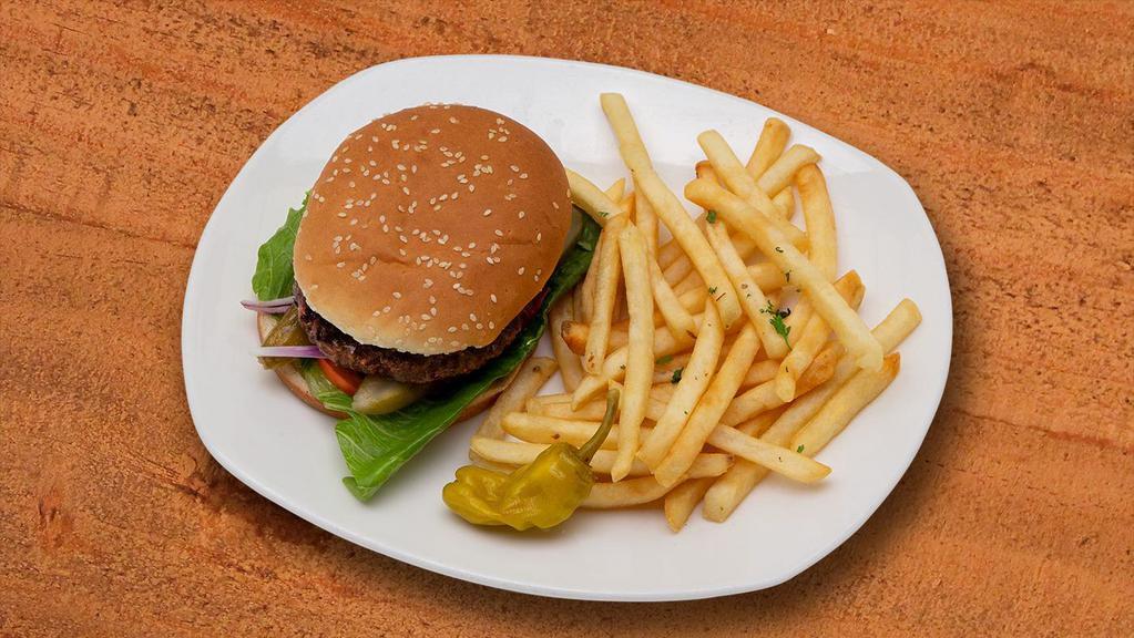 The House Burger · Quarter pounder burger served with fries and salad.