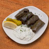 Dolma · (Vegetarian) Grape leaves filled in with rice, assorted herbs and spices. Served with pita b...