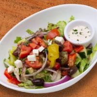Greek Salad · Vegetarian Gluten Free Romaine hearts lettuce, tomatoes, bell peppers, cucumber, onion, and ...
