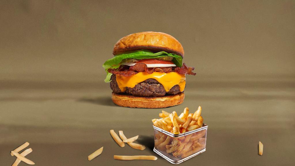 Bacon On Board Burger · The ultimate classic bacon cheeseburger made with 1/3 lb. of beef patty, mild cheddar cheese, sizzling bacon, tomatoes, onions, lettuce and our house sauce.