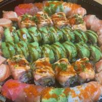 Sushi party tray  B · 64 pieces. Includes lion king roll (with crab meat and avocado topped with baked salmon, fis...