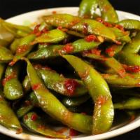 Spicy Gari Edamame · Spicy. Stirred soy bean with chili garlic  sauce.