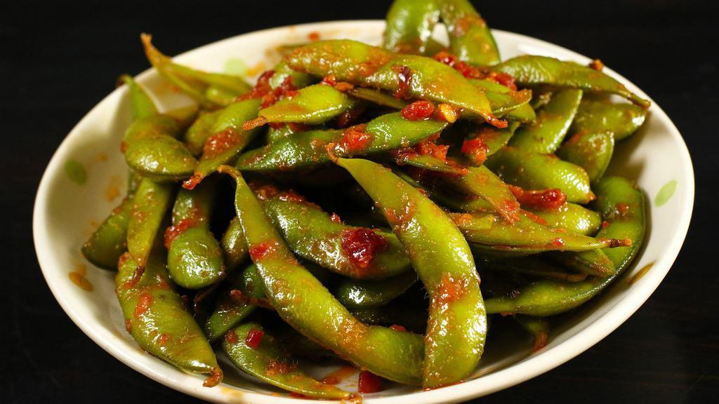 Spicy Gari Edamame · Spicy. Stirred soy bean with chili garlic  sauce.
