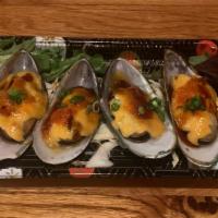 Mussels Appetizer (4 Pieces) · Baked mussels with tobiko, scallions, spicy mayo, and unagi sauce.