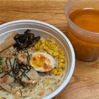 Scallop Ramen Soup · seafood broth. Scallops,  boiled egg, corn, bean sprouts, and scallions