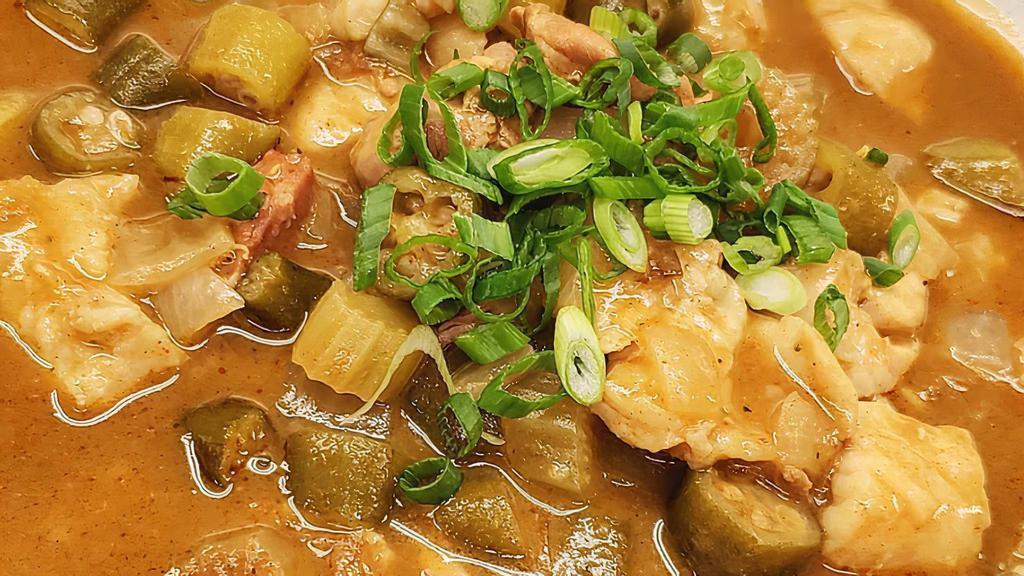 Uncle Paulie's Gumbo · A Generous Serving of H10 House-made roux with chicken, sausages, fish, celery, okra, and diced onions serve with white rice and green onion garnishment. 
A House-Favorite!