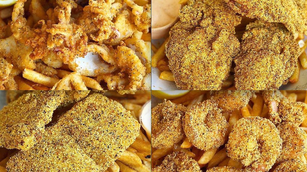 Half & Half Baskets · Can't decide on 1? Choose 2 of our delicious options (Either Fried Catfish, Fried Shrimp, Fried Calamari, or Fried Oyster). with Cajun Fries.