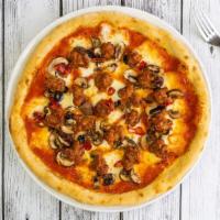 La Fontaine Pizza · San Marzano tomato sauce, Flor di Mozzarella cheese, spicy cured sausage, Calabrian chili pe...
