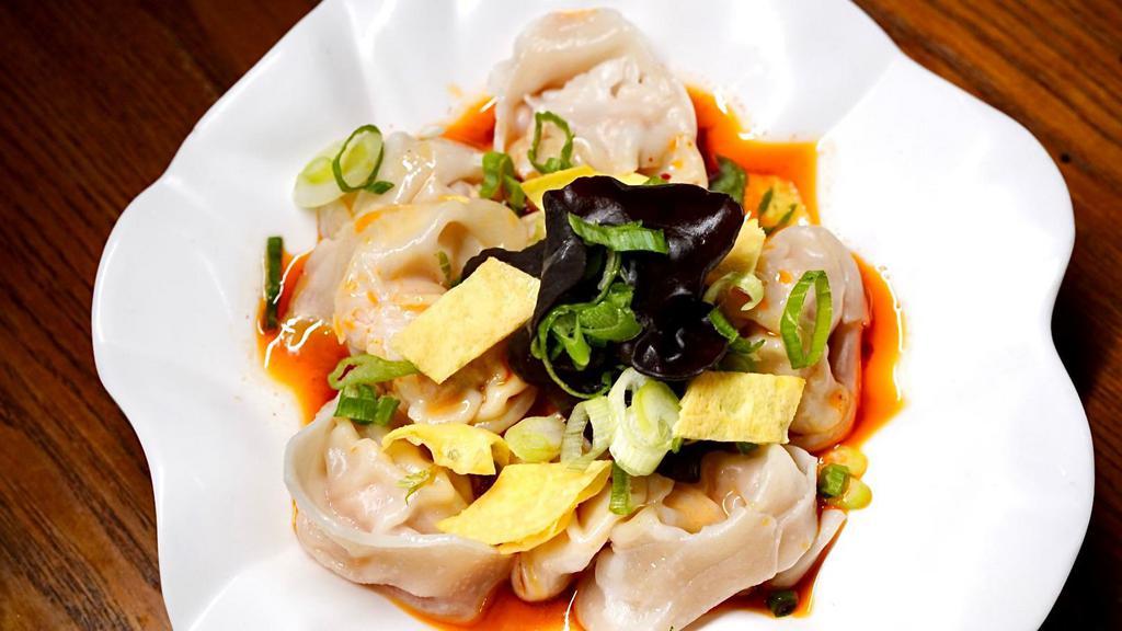 Shrimp & Pork Wonton with Spicy Sauce · Spicy. Contains peanuts.