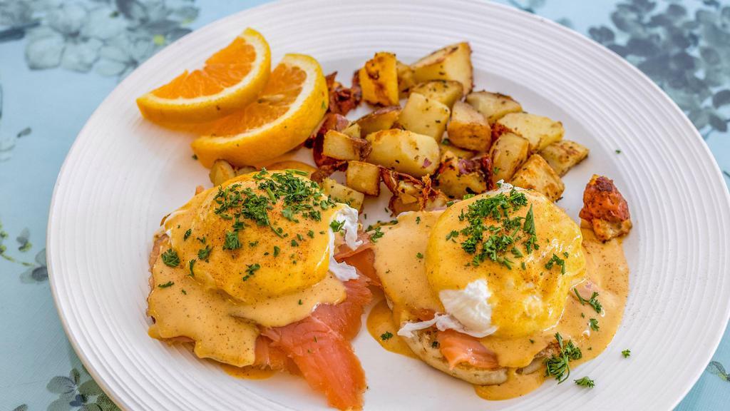 Benedict · Poached eggs, ham, English muffin served with house potatoes.