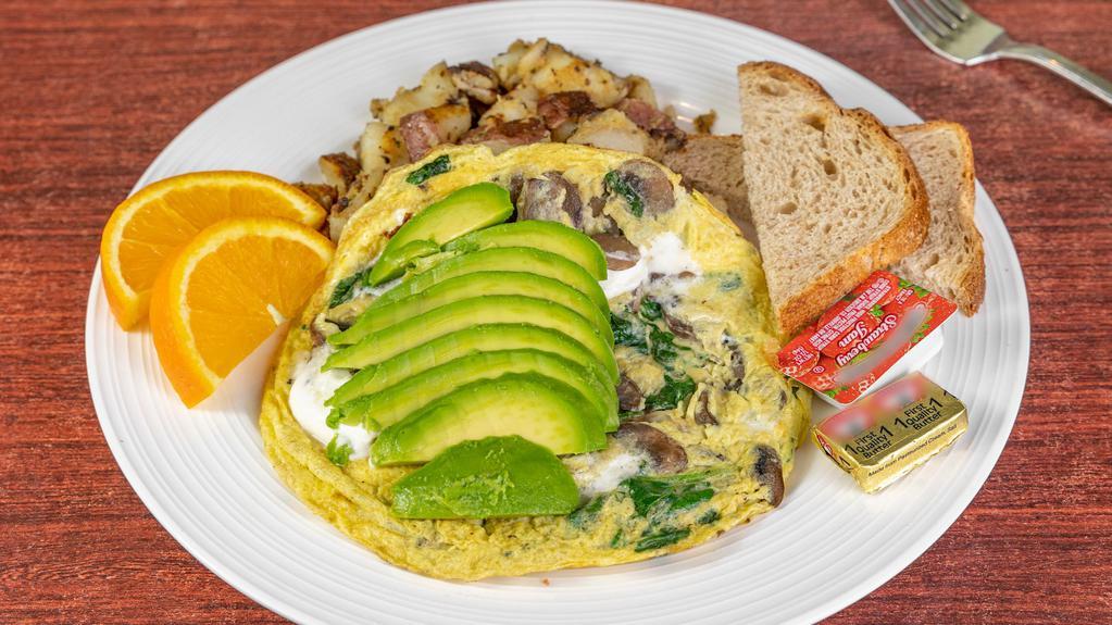 California Omelette · Spinach, mushroom, avocado, and goat cheese.