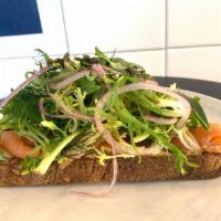 Smoked Salmon Tartine · Herb Aioli, Red Onions, Dried Capers, levain sourdough, frisee lettuce,  tarragon, onions, s...