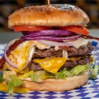 Flame Burger · House special burger. 2 beef quarter+ pound patties,