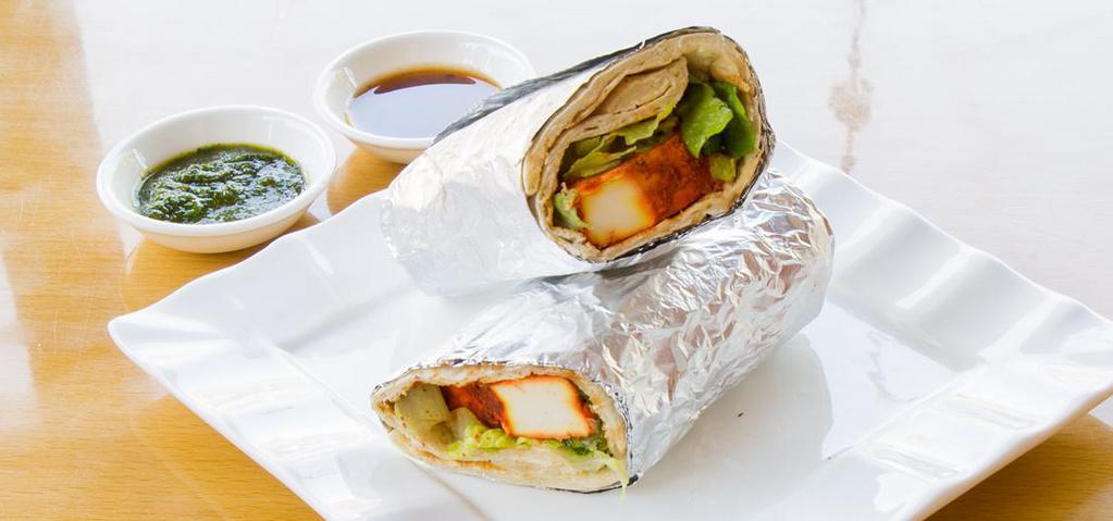 Paneer Tikka Masala Wrap (Cannot Be Totally Mild) · Fresh naan rolled with paneer tikka, onions,  and cilantro. with lettuce