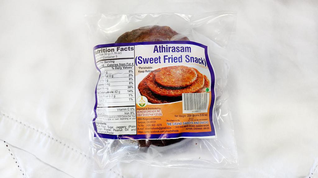 GSS - Athirasam · Weight: 250 gms

No of pieces : 5

Ingredients: Rice Powder, Sugar, Jaggery, Refined Groundnut Oil, Cardamom Powder