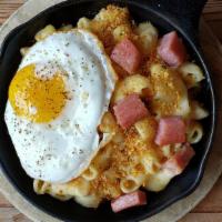 Breakfast Mac · Bacon! Topped with a sunny side up egg.