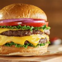 The Double Cheese Burger · Classic burger made with two 1/3 pound of Angus beef, farmers market lettuce, red onions, ch...