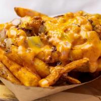 Avenue Fries · French fries topped with melted cheese, jalapenos, and bacon bits.