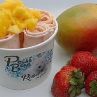#4 - Strawberry Mango · Ice Cream: Vanilla Base,  Strawberries, Fresh Mango

Toppings: Whip Cream, Strawberry Syrup,...