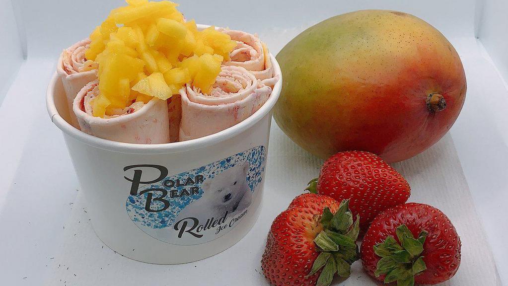 #4 - Strawberry Mango · Ice Cream: Vanilla Base,  Strawberries, Fresh Mango

Toppings: Whip Cream, Strawberry Syrup, Mango
