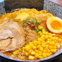 Spicy Miso Butter Corn Ramen · Wheat noodle with outstanding koshi in our spicy dashi broth flavored with miso and chicken....